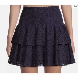 NEW MILLY Wyatt Cotton Lace Skirt 8 Navy Tiered Floral Smocked Waist Angst $325